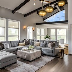 Obraz premium 9 A transitional-style living room with a mix of neutral and metallic finishes, a large sectional sofa, and a mix of patterned and solid throw pillows2, Generative AI