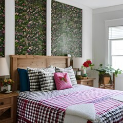 3 A cozy, farmhouse-style bedroom with a mix of floral and gingham bedding, a white wooden bed frame, and a large, vintage-inspired rug2, Generative AI