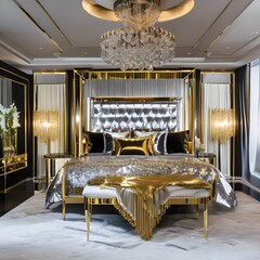 16 A luxurious, Hollywood Regency-style bedroom with a mix of gold and mirrored finishes, a velvet headboard, and a crystal chandelier5, Generative AI