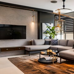 4 A mid-century modern living room with a sectional sofa, a mix of wood and metal finishes, and a statement pendant light5, Generative AI