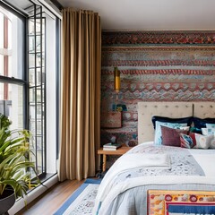 16 An eclectic, bohemian-inspired bedroom with a mix of patterned and solid bedding, a mix of antique and modern furniture, and a statement rug3, Generative AI