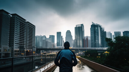 Fototapeta na wymiar Person jogging in a cityscape, generative ai