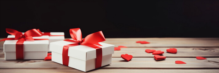A white Gift box with red bow ribbon and hearts on wooden table for, birthday, mother's day, background, wallpaper, banner with space for design, Generative AI