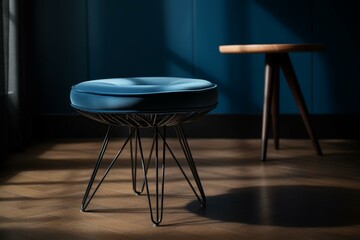 Contemporary blue seat beside hairpin legged table. Generative AI