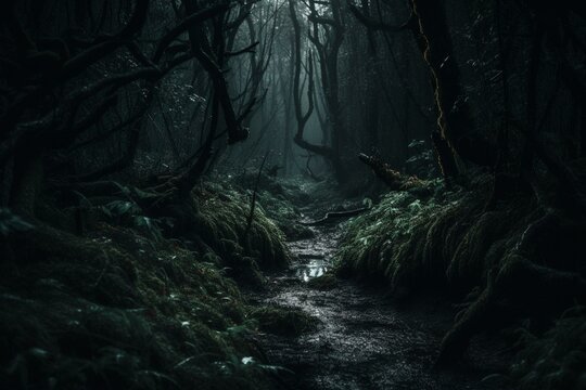 Dark forest as creepy horror background. Generative AI