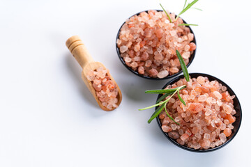 Himalayan pink salt is herb seasoning from himalaya and isolated on white background with copy space