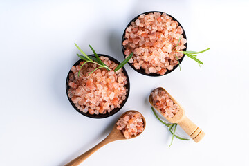 Himalayan pink salt is herb seasoning from himalaya and isolated on white background with copy space