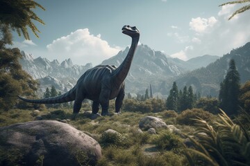 Mountainous terrain featuring the Brachiosaurus dinosaur. Generative AI