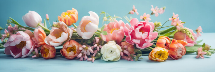 Bouquet of beautiful spring flowers on a pastel blue table background, Postcard for International Women's Day, Generative AI