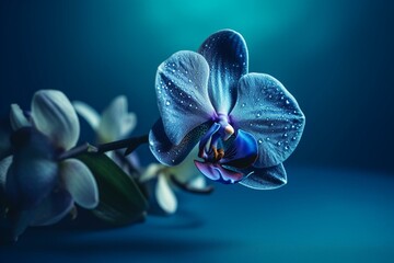Blue backdrop with an orchid. Generative AI
