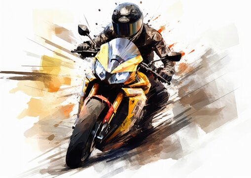 Fast Road Racing Motorcycle Man Riding Back Yellow Background Profile Dynamic Brush Strokes Engine Aerodynamic Imposing Streamer Masterful Rust Wearing Helmet, Generative Ai