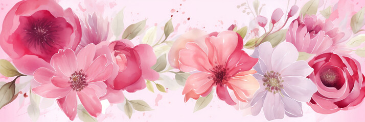 Beautiful Mother's Day Frame with Watercolor Flowers, Pink and White Rectangle Design, Generative AI