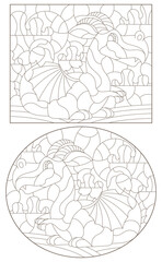 A set of contour illustrations in the style of stained glass with cute cartoon dragons, dark contours on a white background