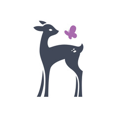 Cute baby deer playing with butterfly. Elegant young deer silhouette mascot. Cute deer vector illustration. 