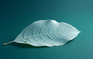 A thin green leaf on a turquoise background, Generative Ai