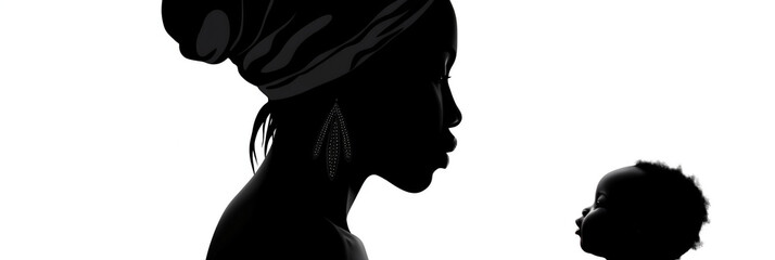 Black silhouette of a African woman with her baby isolated on white background, Mother?s Day, Generative AI