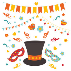 A colorful illustration of a top circus hat and a holiday banners with mardi gras theater masks. © dinasimba2009