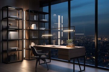 A modern office cabinet with transparent work table, laptop, city view, and dark bookcase. 3D render. Generative AI