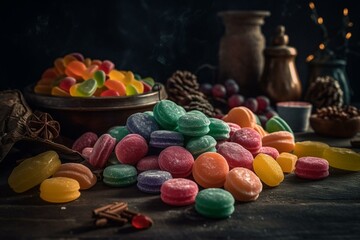 Obraz na płótnie Canvas Delicious chewy candies with festive colors and flavors for the holidays. Generative AI