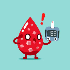 Cute cartoon red droplet scared checks blood control low-high sugar diabetes glycemic with a glucometer on blue background. Vector illustration Kawaii character flat design.