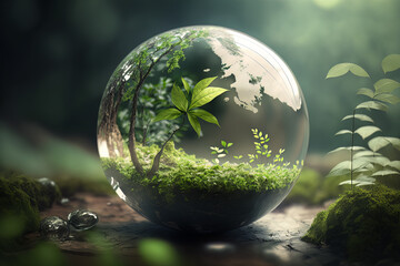 Obraz na płótnie Canvas World environment and earth day concept with glass globe and eco friendly enviroment desktop background
