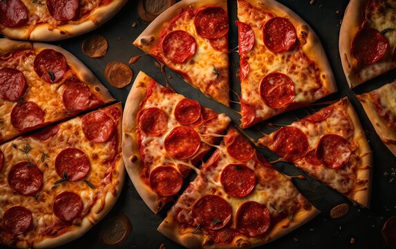 Tasty pepperoni pizza and cooking ingredients tomatoes basil on black concrete background. Top view of hot pepperoni pizza. With copy space for text. Flat lay. Banner. Generative Ai.