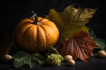 Autumn leaves and pumpkin in a horizontal arrangement. Generative AI