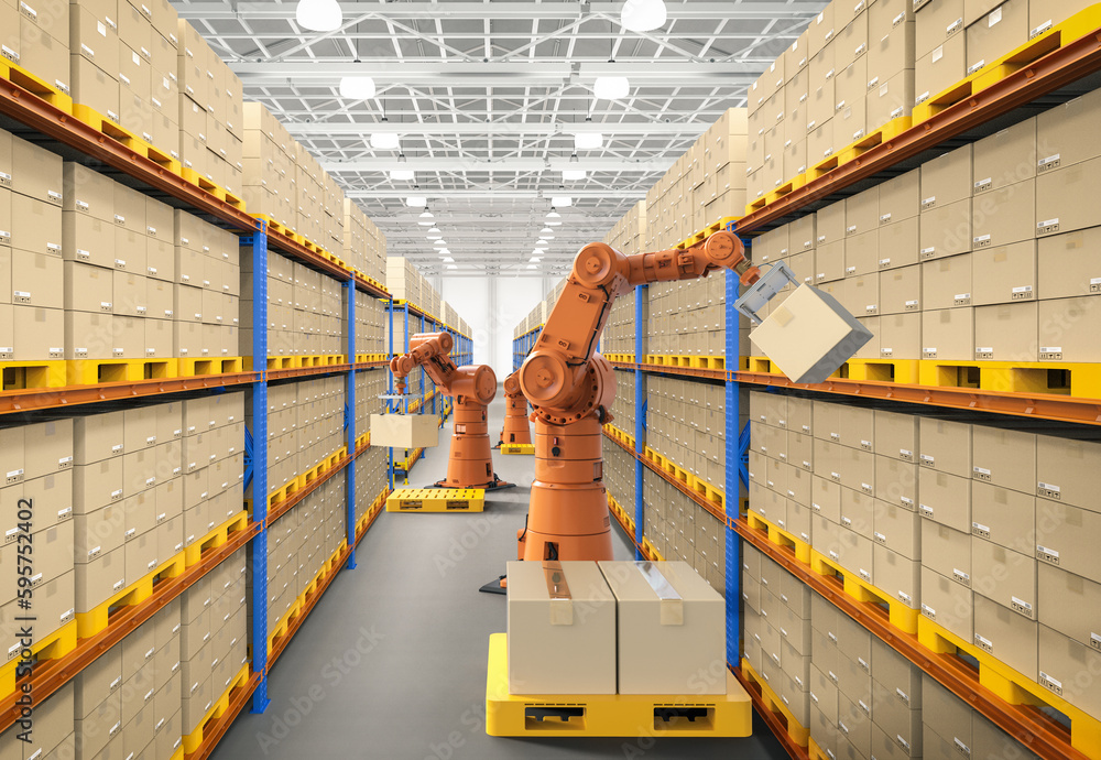 Aufkleber automation factory or cargo with 3d rendering robotic arm carry cardboard box