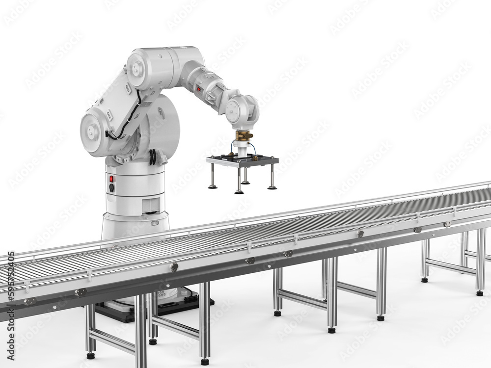 Aufkleber smart factory concept with robot arms and empty conveyor line