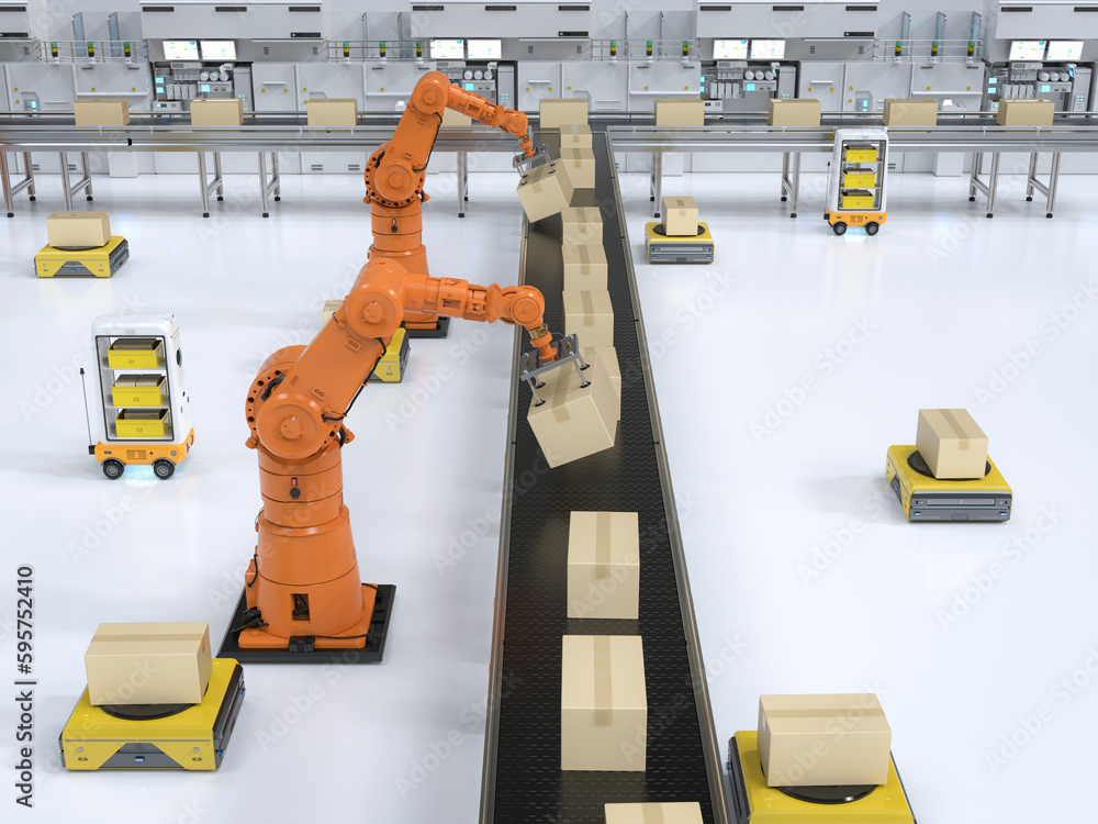 Poster automation factory or cargo with robot arms and warehouse robots