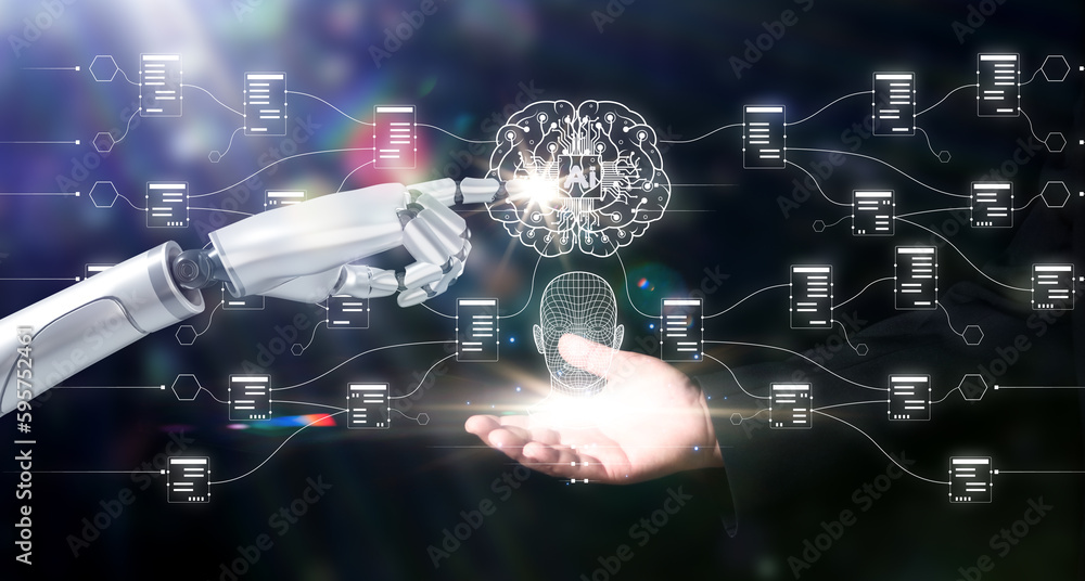 Poster machine learning, hands of robot and human touching a ai brain, science and artificial intelligence 