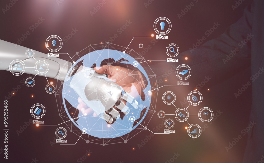 Poster machine learning, hands of digital robot handshake human, science and artificial intelligence techno
