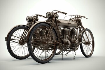 Fototapeta na wymiar Illustration of a 19th century motorized triplet bike on a white background. Generative AI