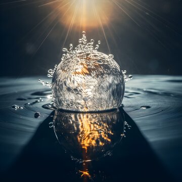 ball of water suspended in the air, ripples and splash on surface