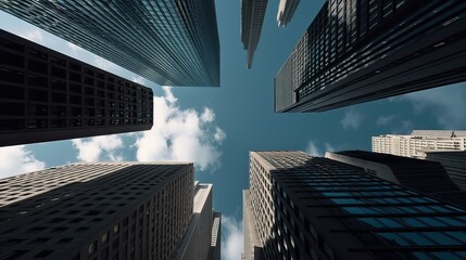 Fototapeta na wymiar Bottom view of modern skyscrapers in business district. Generative Ai.