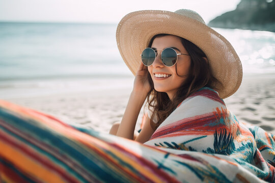Beautiful woman sitting on the beach wearing sunglasses and hat on vacation. generate by ai
