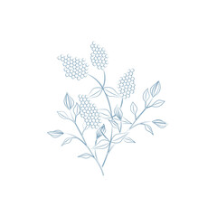 白地にかわいい花のアイコン、淡い色合いの青色の線画。