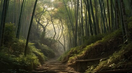 Path through dense bamboo forest, leading to famous Waimoku Falls. Generative Ai.