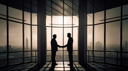 Fototapeta na wymiar silhouettes two businessmen handshake in cooperation agreement concept at office and successful business partner. business man shaking hands to seal a deal with his partner. Generative Ai.