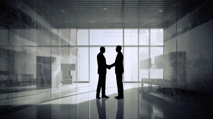 silhouettes two businessmen handshake in cooperation agreement concept at office and successful business partner. business man shaking hands to seal a deal with his partner. Generative Ai.