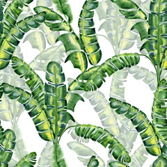 Banana leaves seamless watercolor pattern. Endless tropical hand drawn green background for wallpaper and fabric. Exotic forest and plantation.