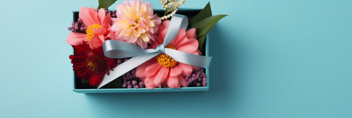 Gift box with flowers on blue background, Happy mother's day Birthday concept, Generative AI