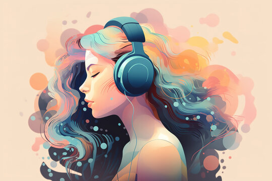 Music therapy, female mental health, calmness, harmony concept. Side view of softness woman with closed eyes in headphones listening to music, pastel art illustration. Generative AI