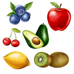 Mixed fruit set watercolor painting