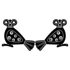 Symmetrical animal design with two stylized owl birds. Ancient Roman motif. Black and white silhouette.