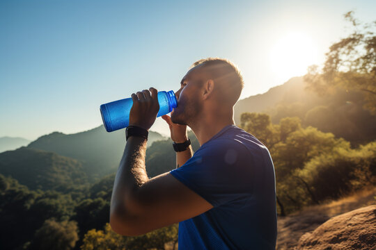 Man drinking water outdoors. Hiking and hydration. generate by ai