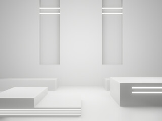 White Sci-Fi product display background. Scientific podium with white neon lights.