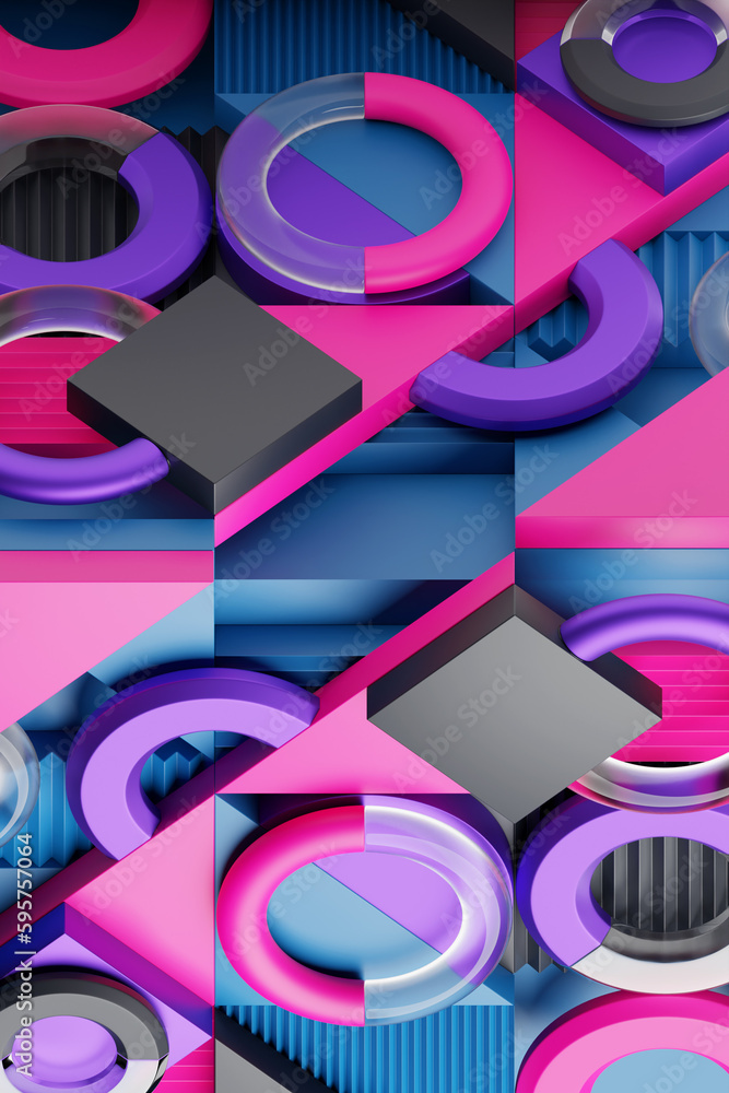 Poster 3d rendering of realistic composition primitives. abstract theme for trendy designs. spheres, torus,
