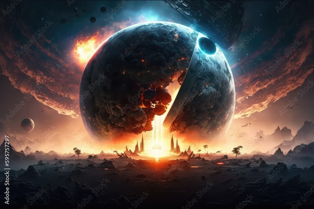 Poster space war human and alien in outer space for star colony. distinct generative ai image.