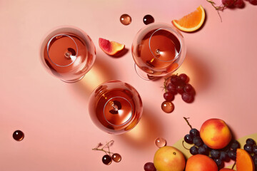 Fruit liquor in a wine glass on a pink background, Generative AI